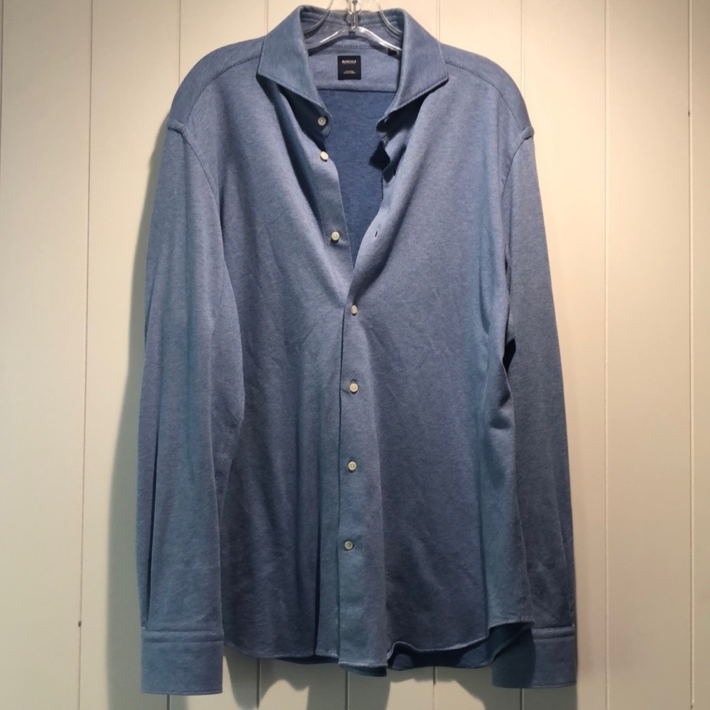 Boggi Milano Mens XL Blue woven cotton piquet Long Slv polo dress/casual Shirt